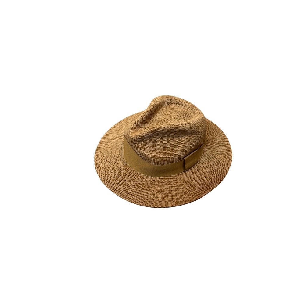 Anthropologie Hat‎ Fedora Fitted Tan Woven Wide Brim Ribbon Band Womens Summer
